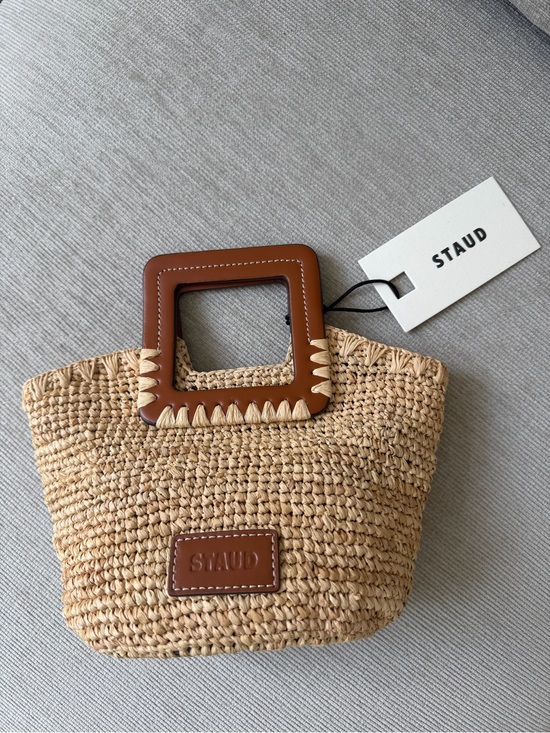 STAUD Handbags - STAUD Shirley Raffia Tote Bag with Brown Square Handles